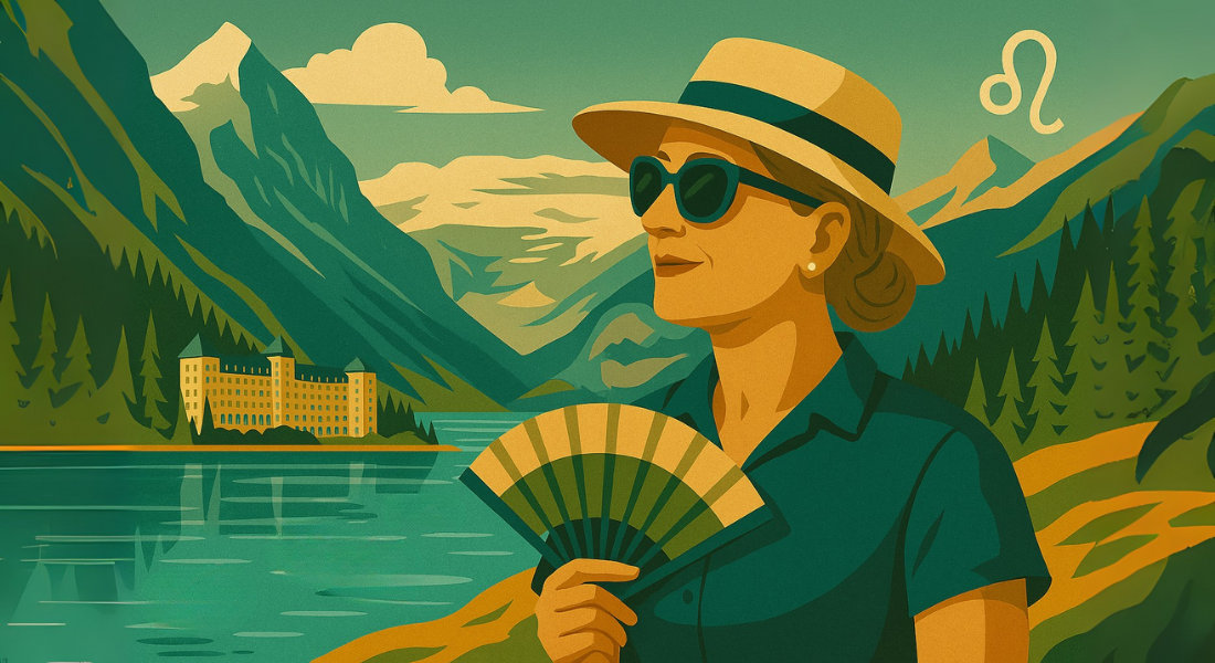 Leo shining bright at Lake Louise Elegant woman at Lake Louise with the Rockies behind.
