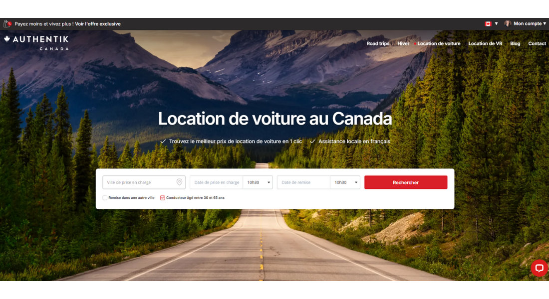 Car hire with Authentik Canada Screenshot of Authentik Canada’s car hire search platform