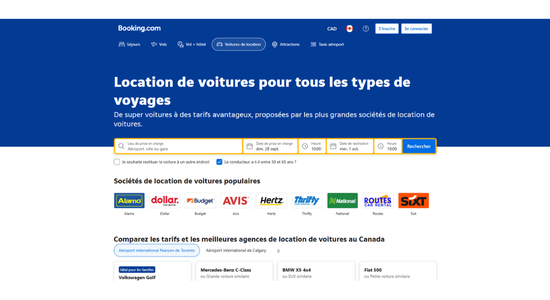 Car hire with Booking.com Screenshot of Booking.com car hire search platform