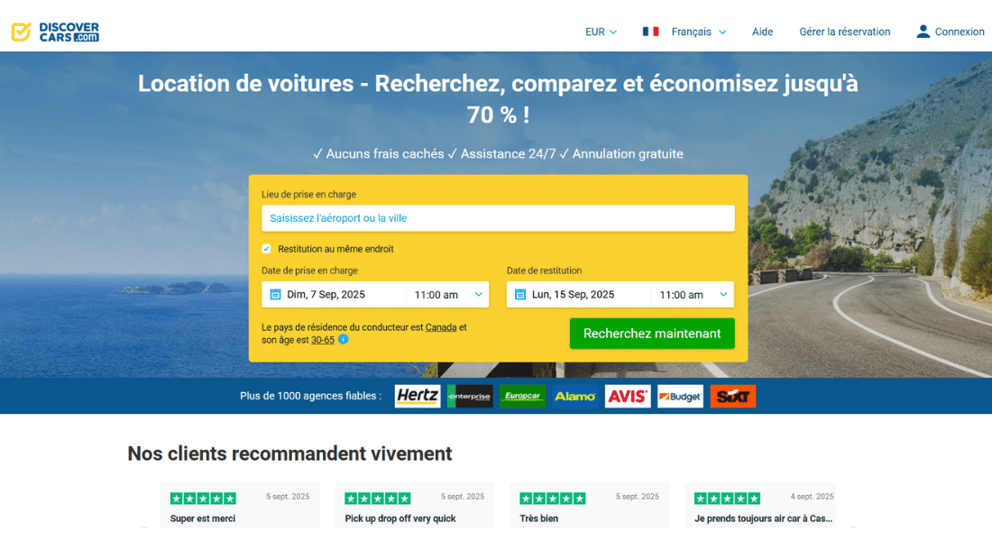 Car hire with DiscoverCars Screenshot of DiscoverCars car hire search platform
