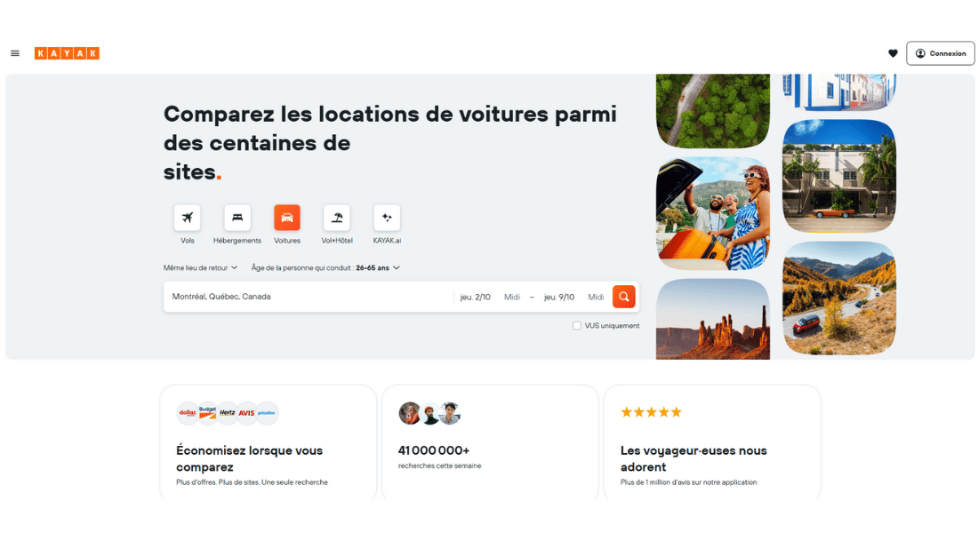 Car hire with Kayak Screenshot of Kayak car hire search platform