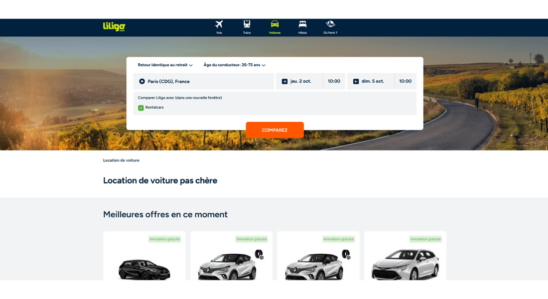 Car hire with Liligo Screenshot of Liligo car hire search platform