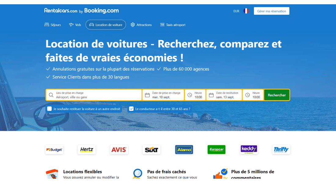 Car hire with Rentalcars Screenshot of Rentalcars car hire search platform