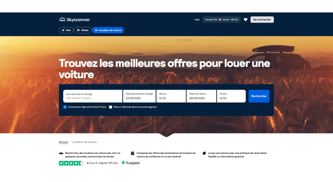 Car hire with Skyscanner Screenshot of Skyscanner car hire search platform