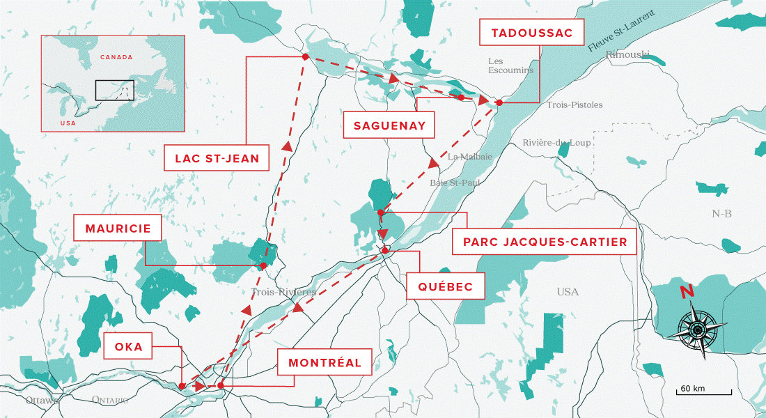 Carte de l'ultime road trip en camping-car au Québec