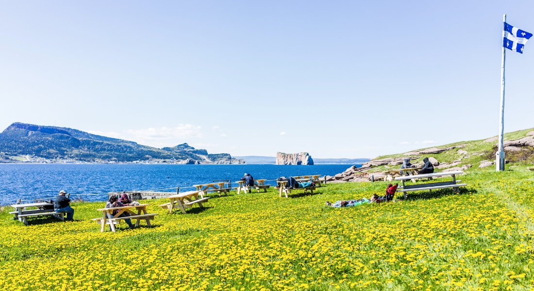 tables de pique nique sur l'île bonaventure avec vue sur le rocher percé