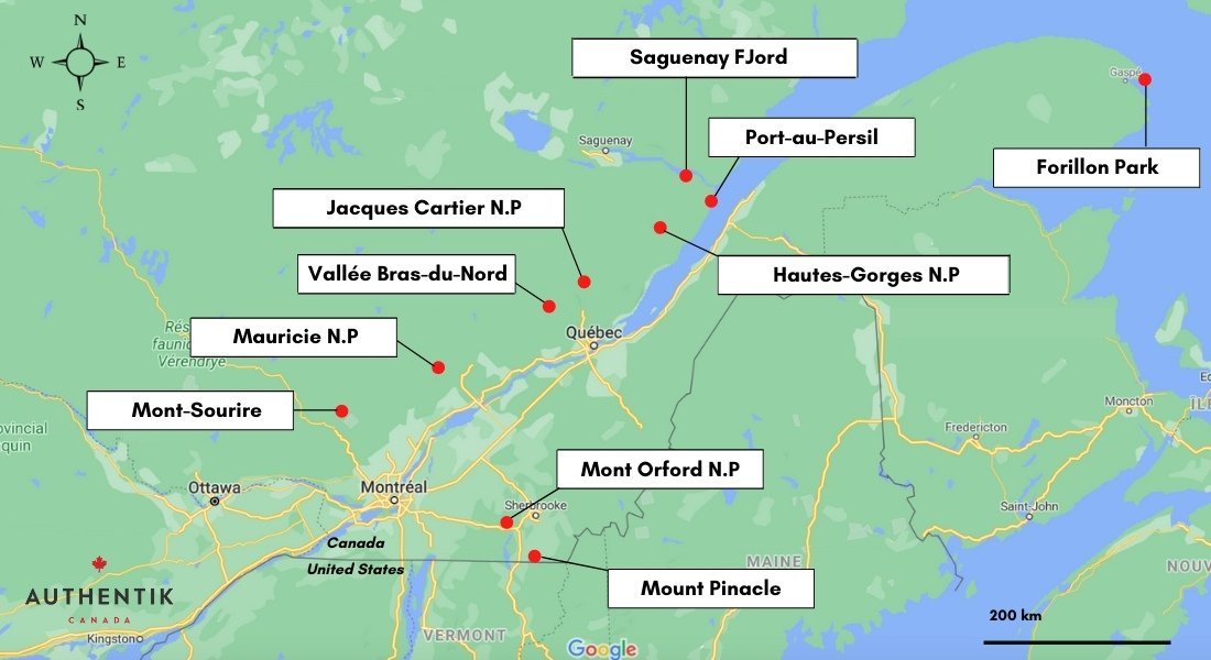 map of fall landscapes in Quebec