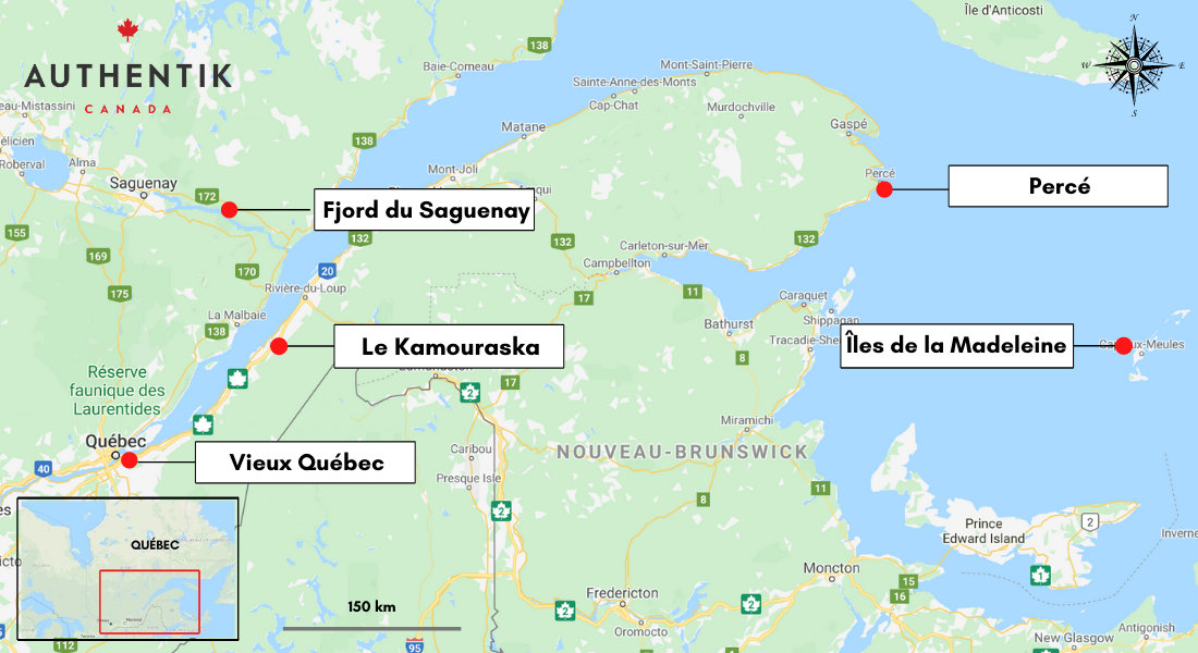Carte pour localiser les 5 plus beaux coucher de soleil au Québec