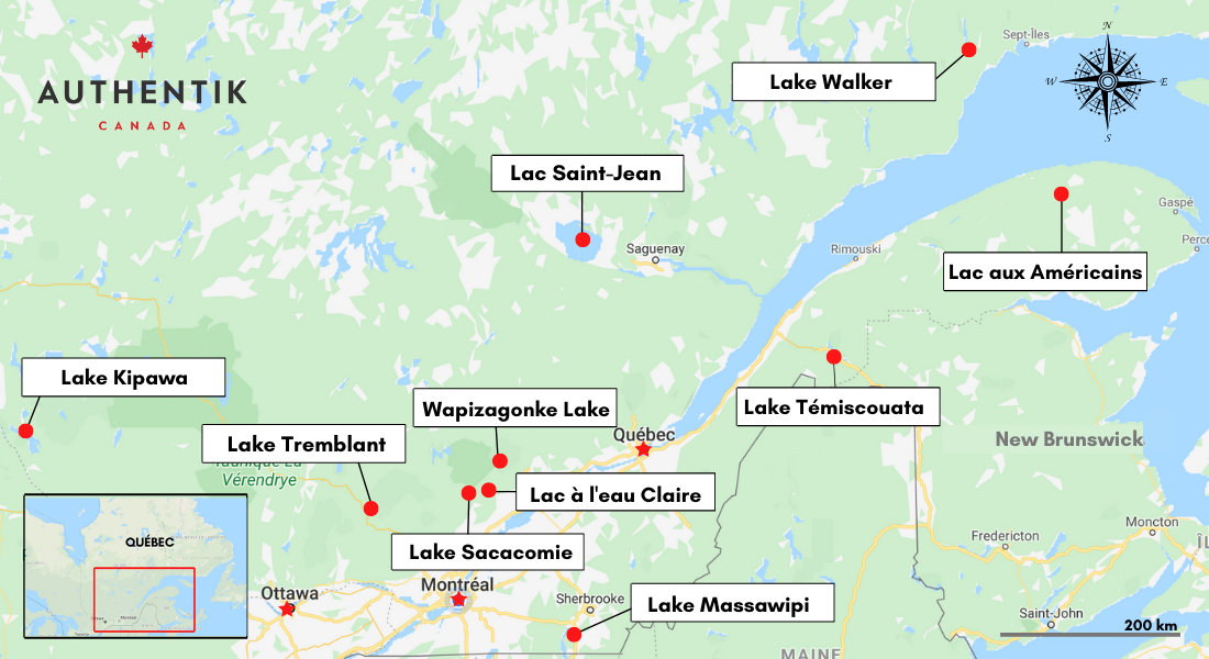 map of beautiful lakes in quebec