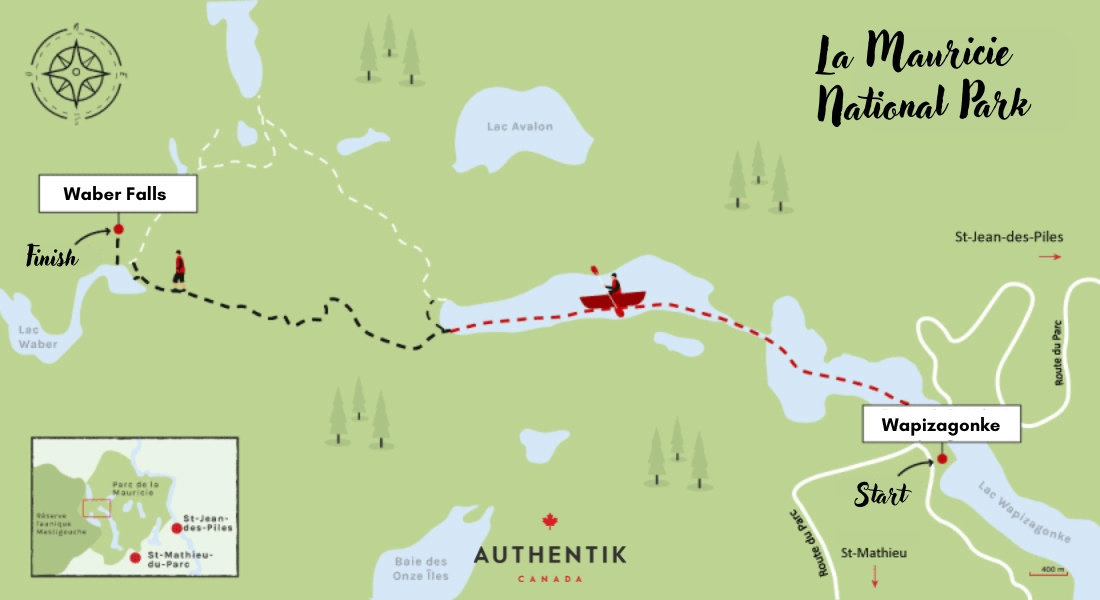 Waber Falls hike in La Mauricie NP map trail Waber Falls in Quebec map