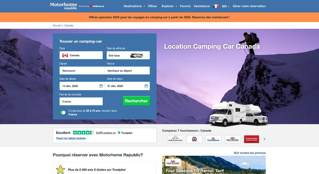 RV rental with Motorhome Screenshot of the Motorhome Republic RV rental search web platform