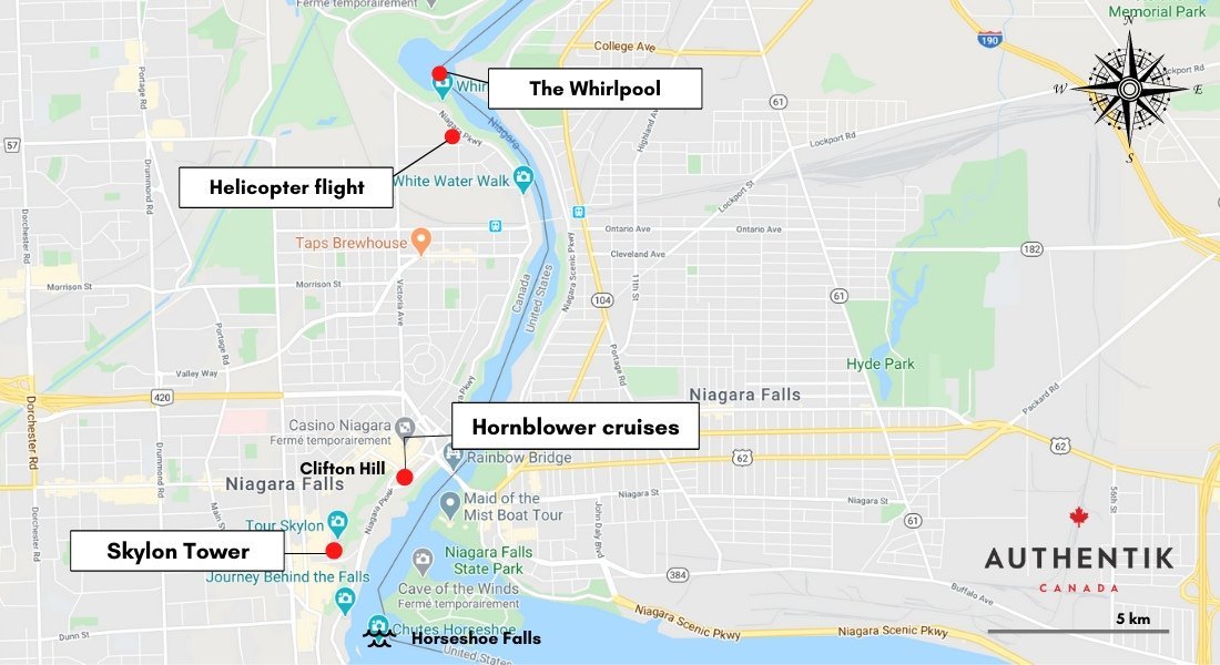 Map of niagara falls cruises and tours Niagara falls Canadian side map