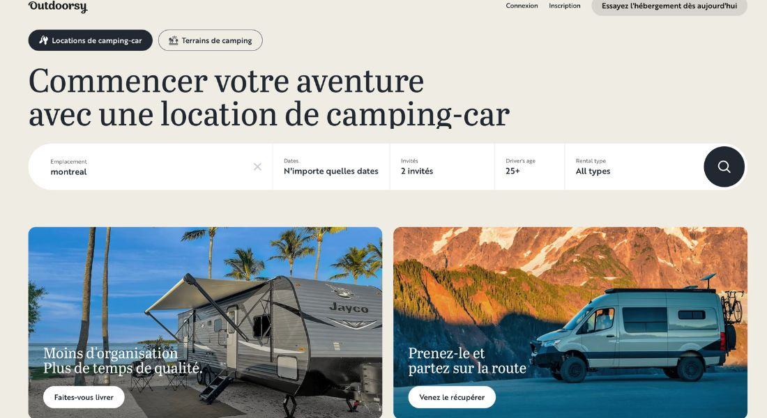Location de camping-car avec outdoorsy Capture de la plateforme web de recherche de location de camping car de Outdoorsy
