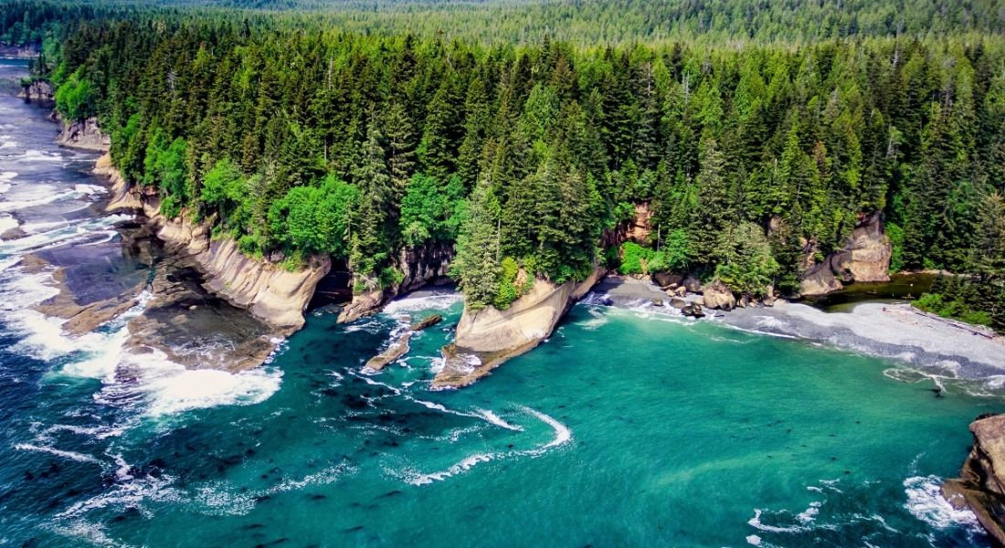 Pacific Rim, one of the most beautiful national parks in Canada Bird's eye view of the rugged coastline of Pacific Rim with its beaches bordered by fir trees