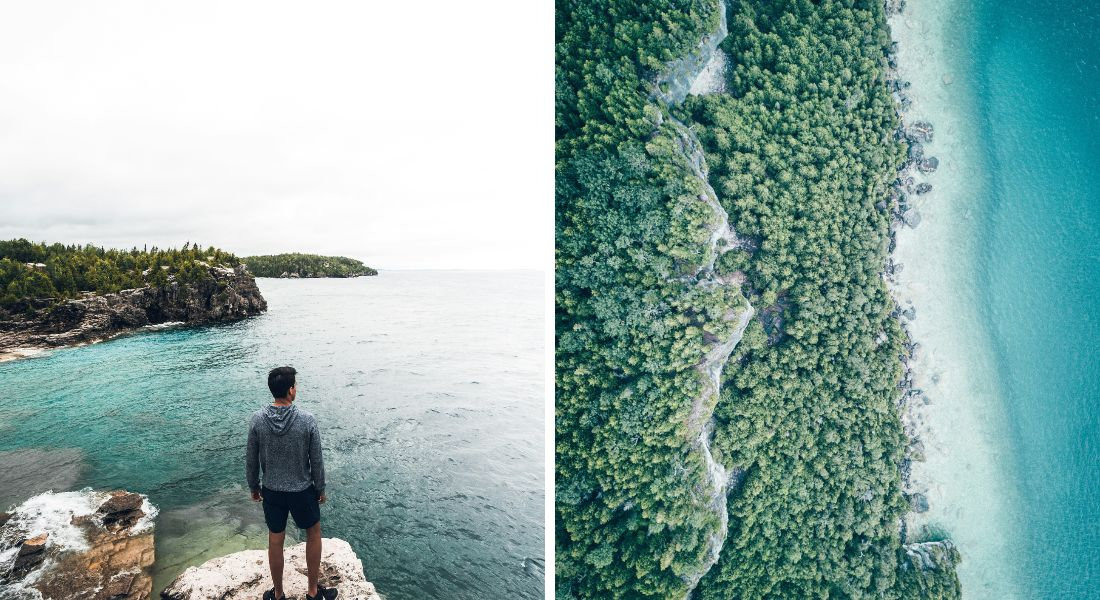 Bruce Peninsula National Park in Ontario Two photos of Bruce Peninsula National Park with a man looking at the landscape