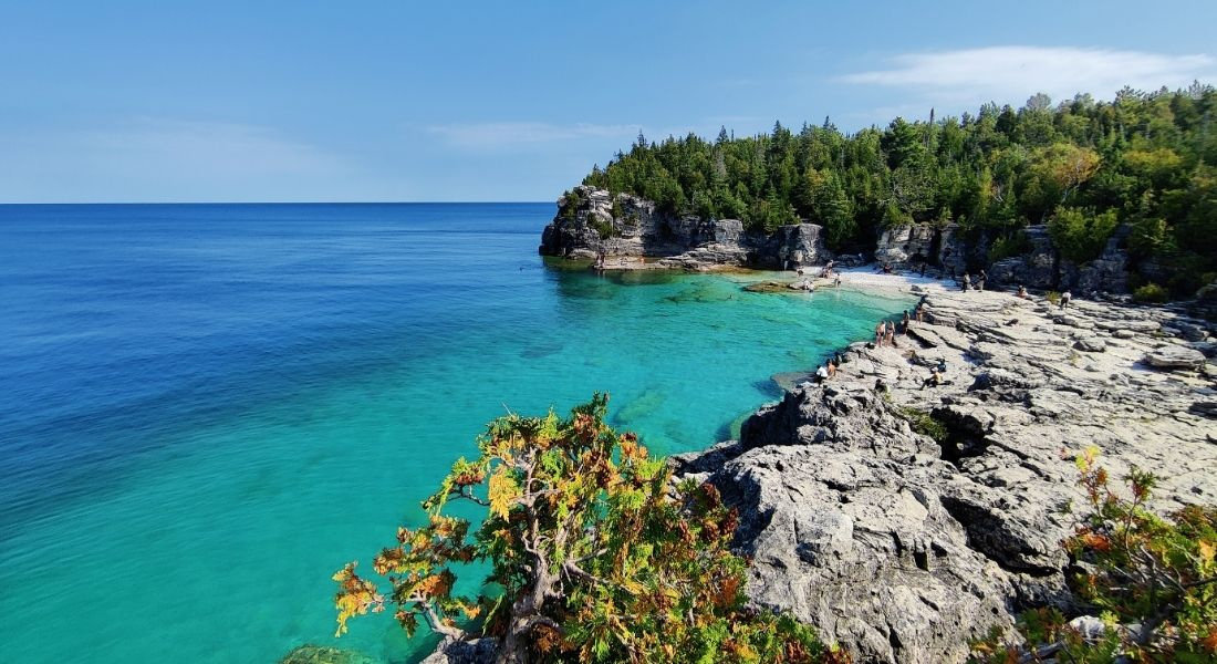 Bruce Peninsula National Park in Canada Steep coast and beach surrounded by pine trees