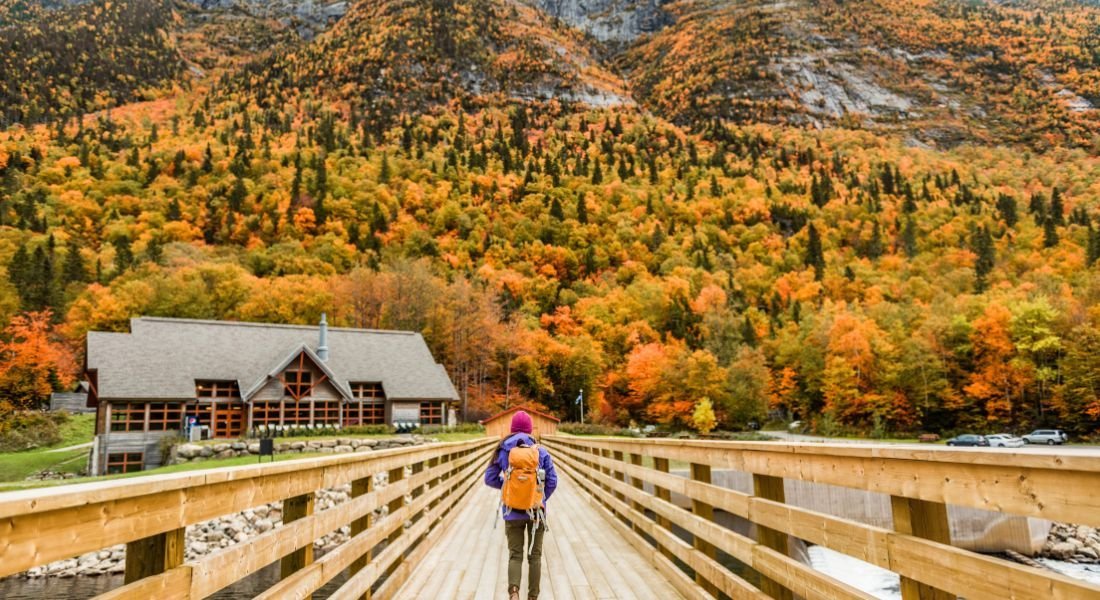 @Maridav - shutterstock_718962793 Randonneur traversant un pont à l'automne dans le Parc national des Hautes-Gorges-de-la-Rivière-Malbaie à Charlevoix