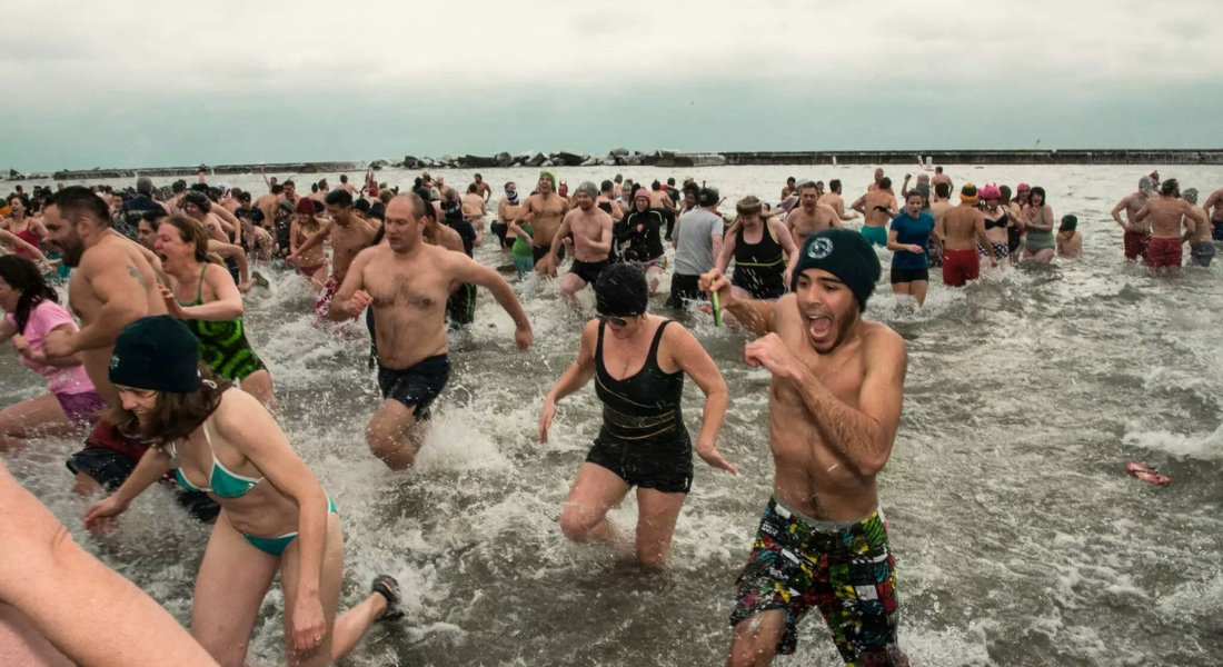 Canadians participating in a Polar Bear Plunge in Ontario