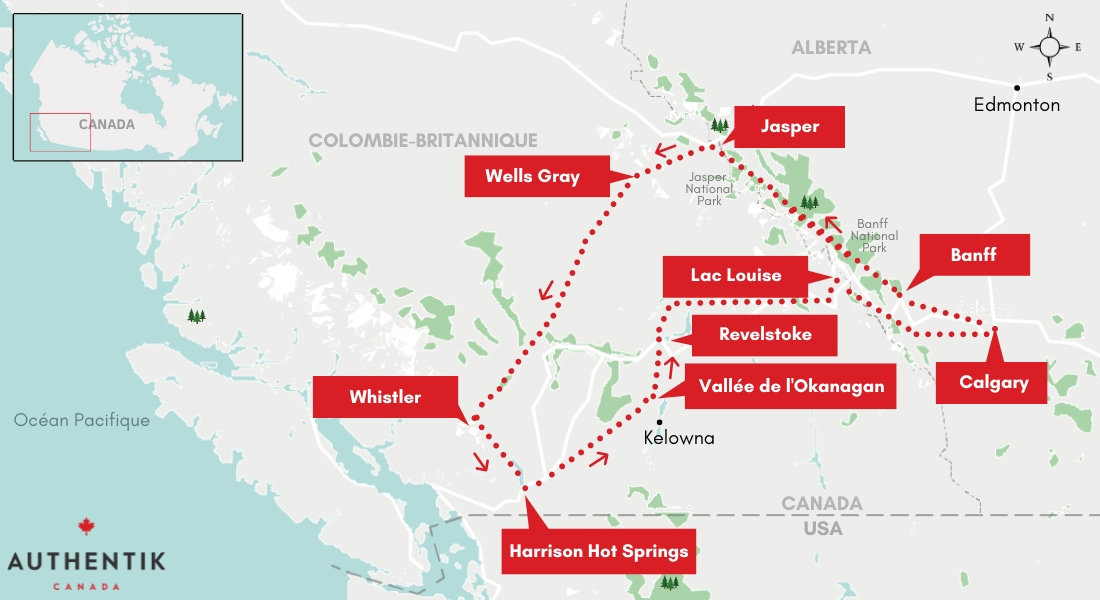Carte circuit en van rocheuses canadiennes