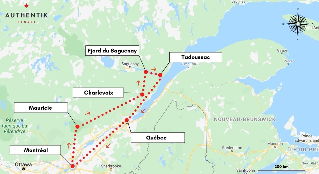 Carte du meilleur circuit de 10 jours au Québec 