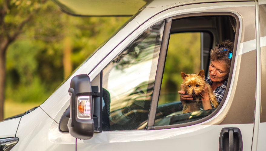 Voyager en camping-car avec son chien Voyageuse avec son chien à la fenêtre d'un camping-car