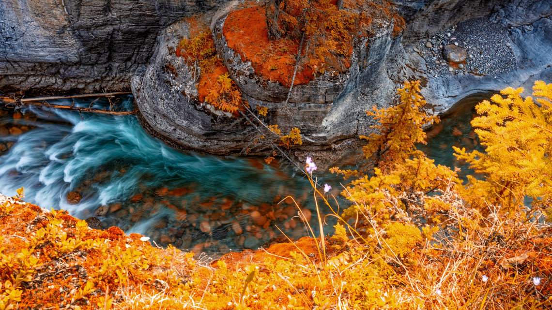 Bird's eye view of the turquoise waters of Maligne Canyon carved into the rock