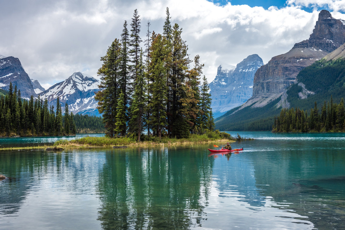 Kayaking near Spirit Island on Maligne Lake