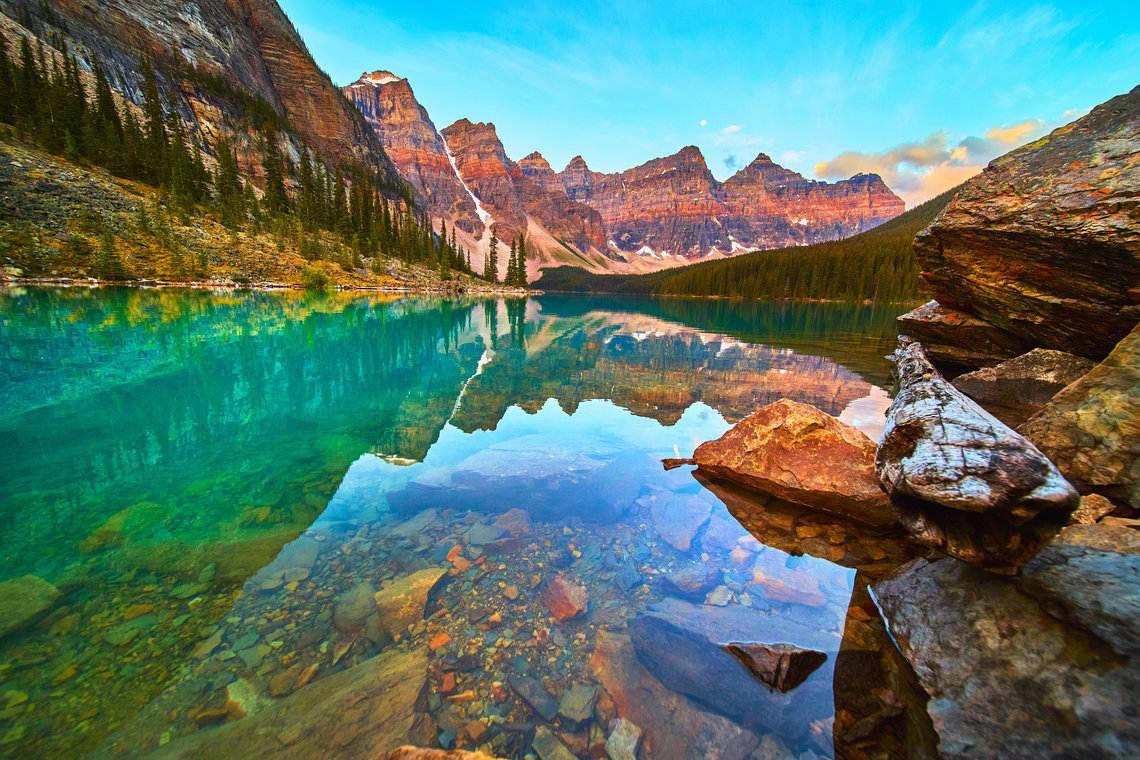 View of Moraine Lake in the Canadian Rockies and its turquoise waters