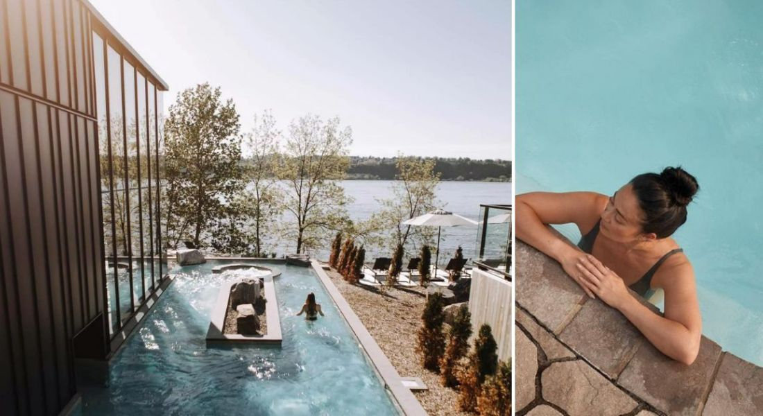 Spa nordique en extérieur au Québec avec bain donnant sur le fleuve Saint-Laurent