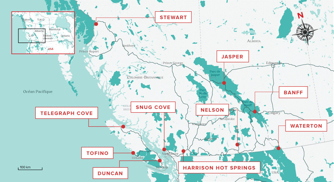 Carte du top 10 des plus beaux villages de l'Ouest canadien