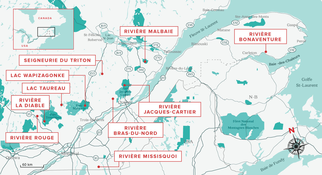 Carte des 10 plus beaux endroits où faire du canot au Québec