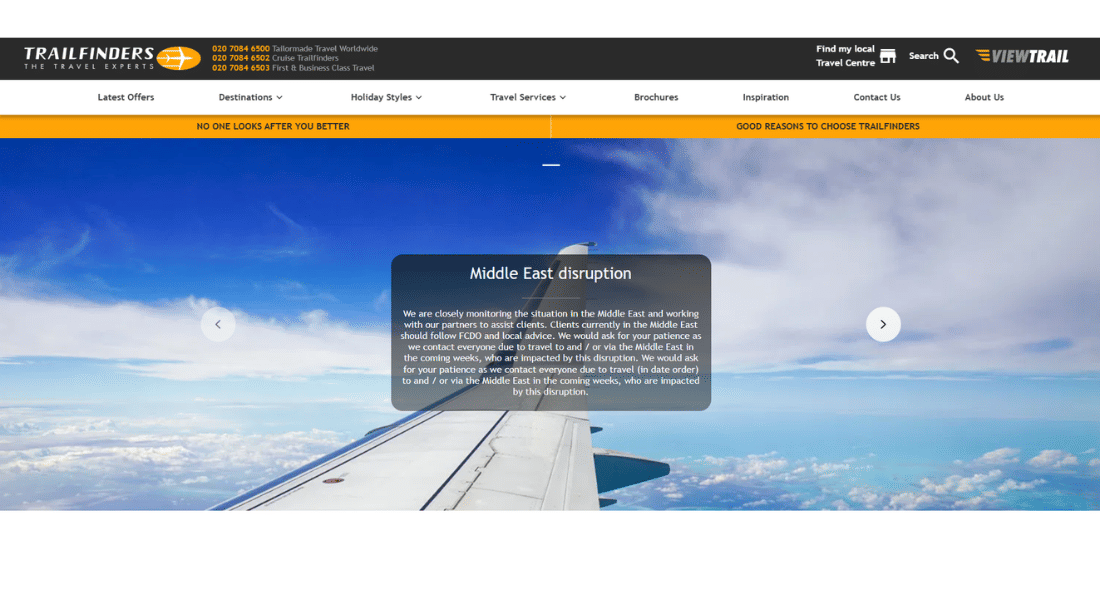 Trailfinders Screenshot of the Trailfinders website