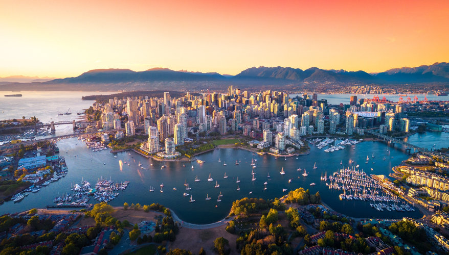 Aerial view of Vancouver at sunset