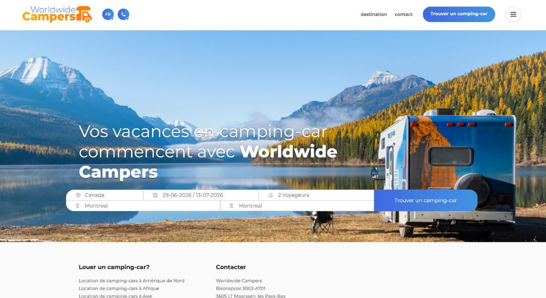 RV rental with Worldwide Camper Screenshot of the Worldwide Camper RV rental search web platform