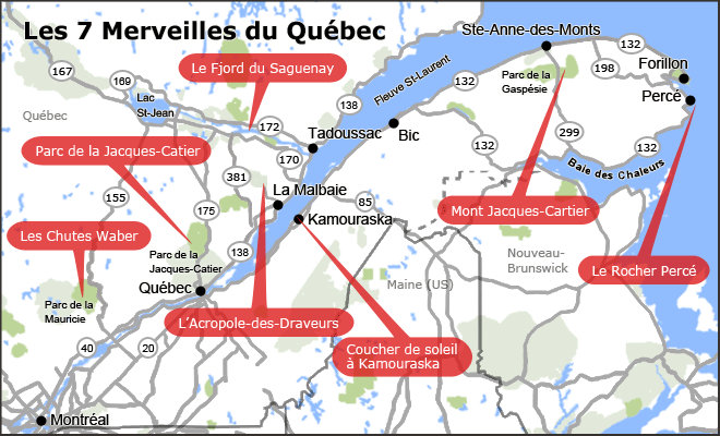 Carte des 7 merveilles du Québec