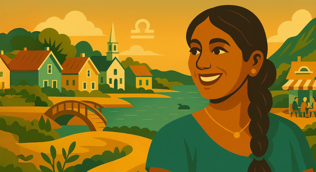 Libra in search of harmony Woman admiring a charming village by the St. Lawrence River.