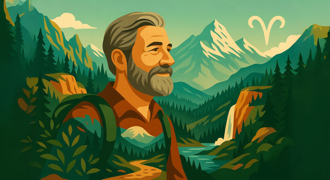 Aries in the Rockies Bearded hiker in the Rockies with Aries constellation above.