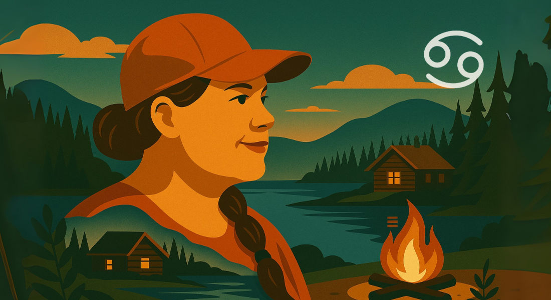 Cancer’s lakeside retreat Woman with braid outside a lakeside cabin at dusk.