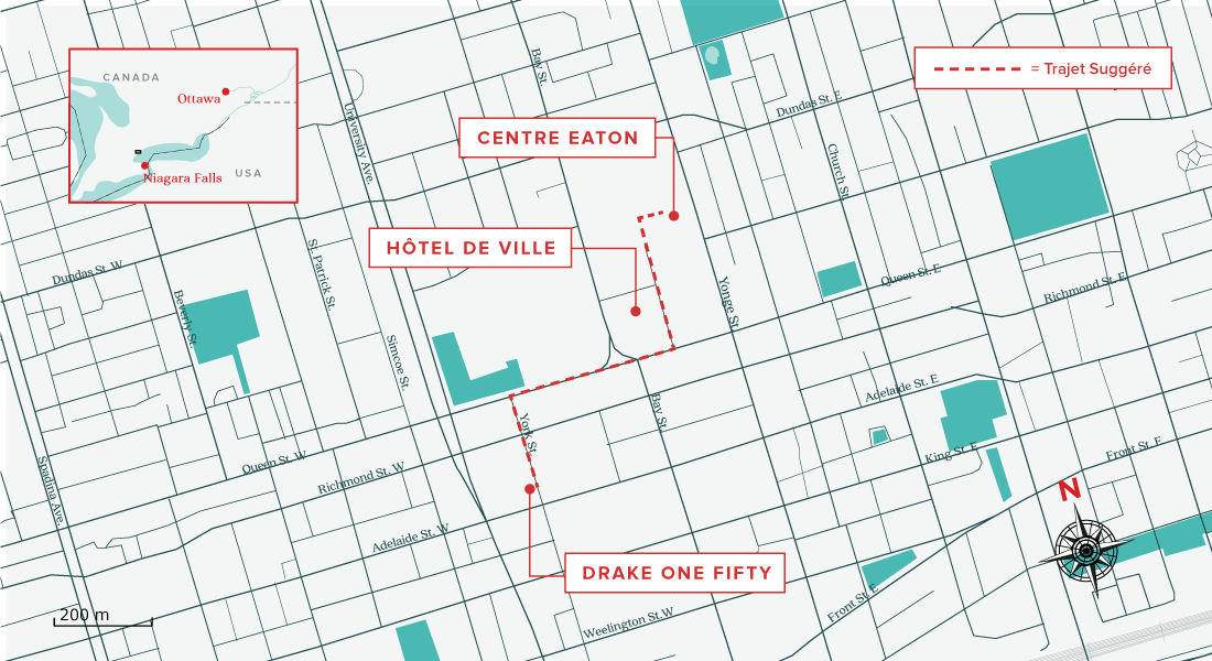 Carte du trajet suggéré en matinée pour 24 heures à Toronto
