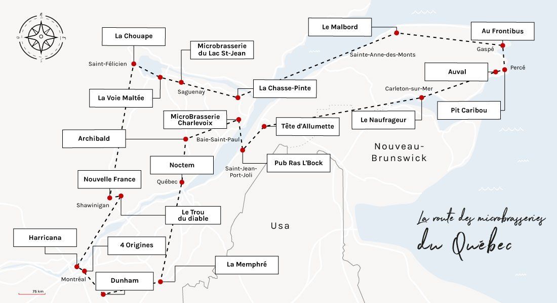 carte de la route des microbrasserie au quebec 