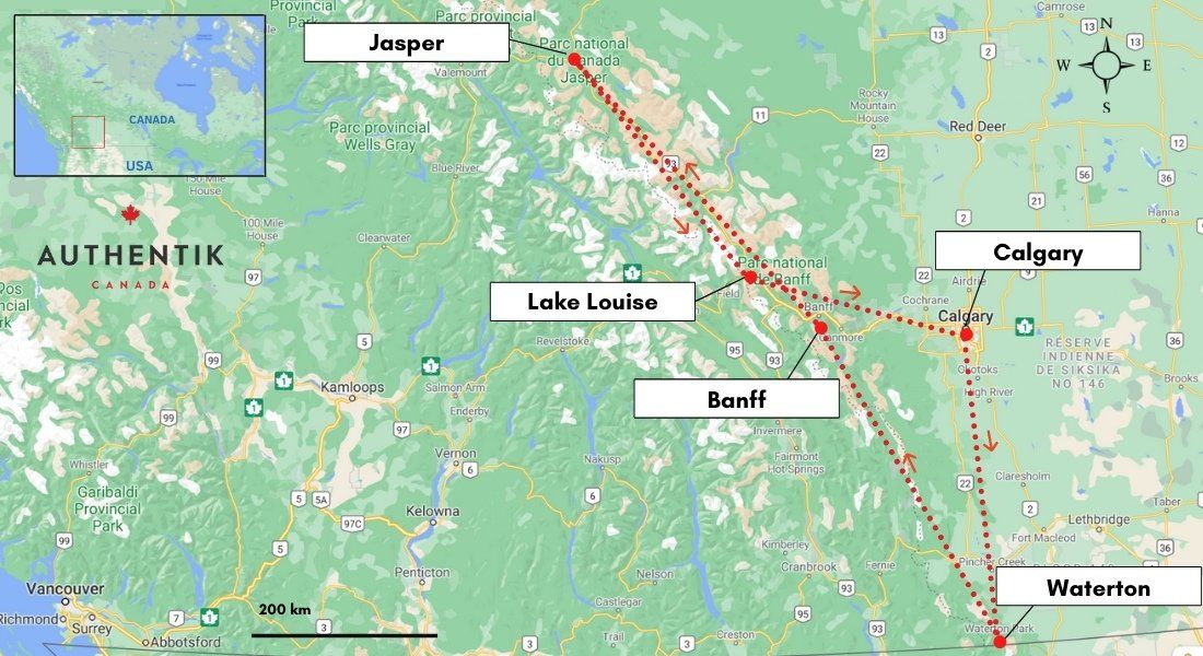 carte du road trip de 10 jours dans l'Ouest canadien 