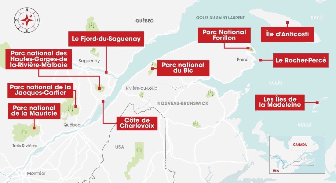 carte localisant les 10 plus beaux paysages du Québec