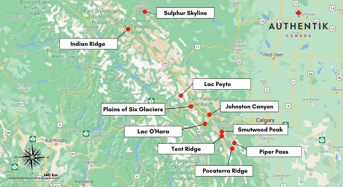 carte des plus belles randonnées dans les rocheuses