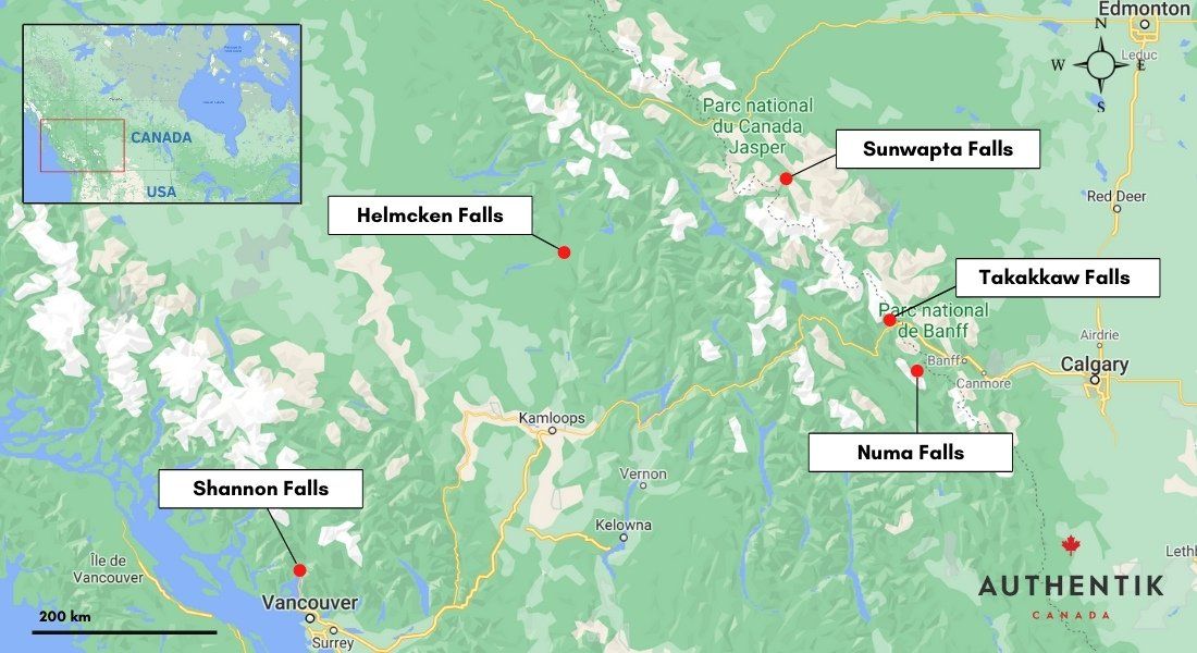 carte top 5 chutes Ouest du Canada