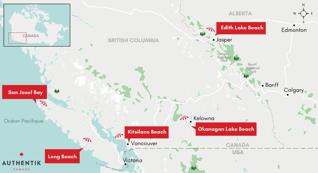 Carte des plus belles plages dans l'Ouest canadien Carte localisant les plus belles plages dans l'Ouest canadien