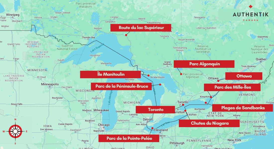 Carte lieux phares Ontario Carte localisant les 10 lieux incontournables à visiter en Ontario