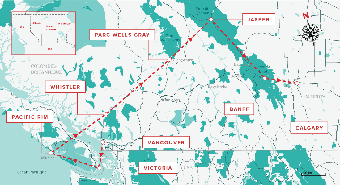 carte du road trip dans l'Ouest Canadien