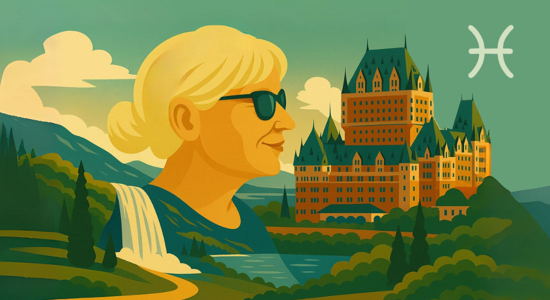 Gemini on a whirlwind tour of Quebec Woman in sunglasses admiring Château Frontenac in Quebec City.