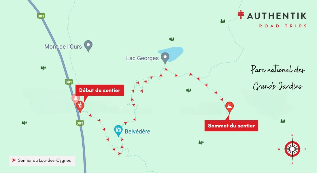 Carte de la randonné au lac-des-cygnes Carte sentier de randonnée parc des grands jardins charlevoix