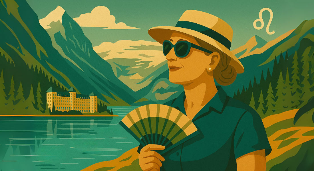 Leo shining bright at Lake Louise Elegant woman at Lake Louise with the Rockies behind.